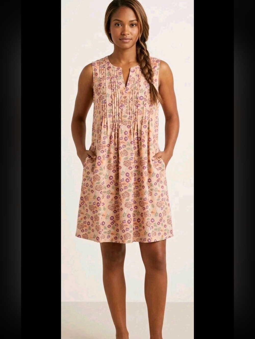 Sonoma Dress Women's XXL Linen Blend Orange Floral Pintucked Sleeveless Pockets